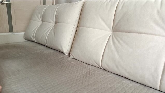 Woman cleaning beige sofa with lint roller tool. Cleaning process of house maintenance to remove dust and pet hair from fabric furniture. Home hygiene routine.