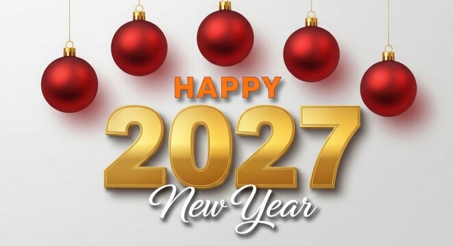 Happy new year 2027 with red christmas ornaments illustration