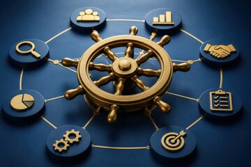 Fototapeta premium Business strategy and workflow management wheel with connected icons on blue background
