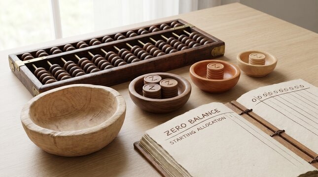 Traditional abacus with wooden bowls and an open ledger book on a light wooden table, symbolizing financial calculation and balance