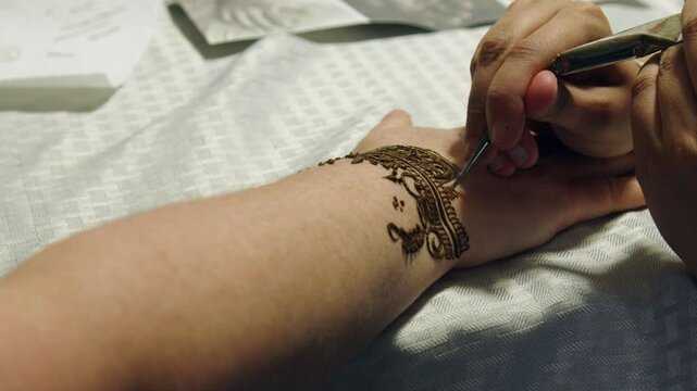 Thin lines of mehndi stain are drawn onto woman's hand, henna artwork