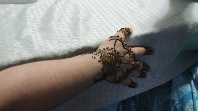 Intricate, ornate henna designs applied to back of hand, mehndi art