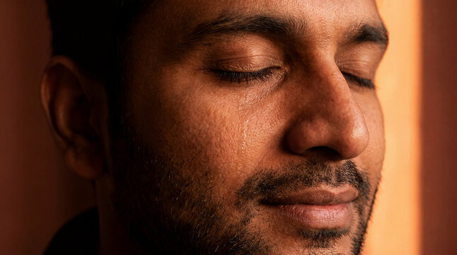 Close-up of a man with eyes closed and a tear rolling down his cheek.