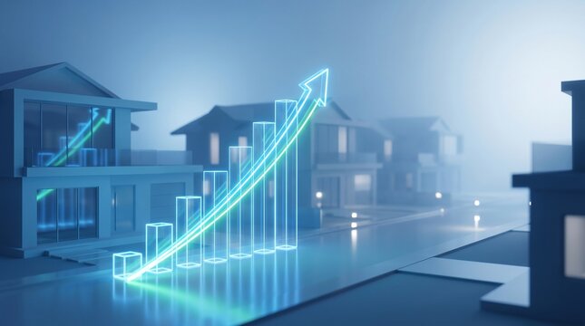 "Neon graph ascends above modern houses, symbolizing rising property values and the layered duality of economic identity and architectural imagination in futuristic visualization."