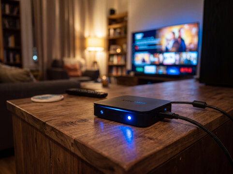 Smart media player device connected to TV for streaming content in a cozy home living room interior