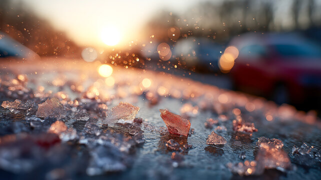Winter road ice shards at sunset