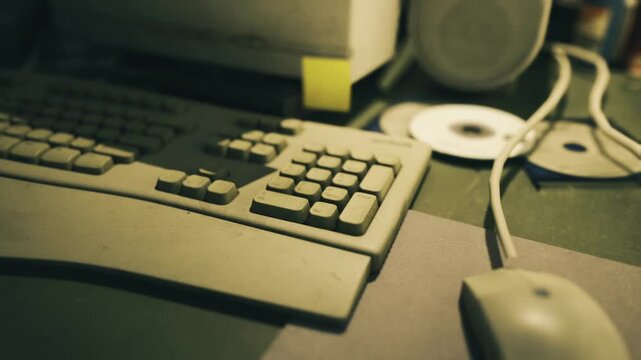 Keyboard and mouse amid brainstorming clutter with sticky notes and cables, scrappy startup grind, idea generation and late pitch prep energy.