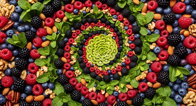 Spiral arrangement of fresh berries nuts mint leaves with flat lay arrangement colorful top view