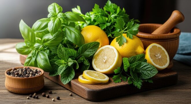 Fresh culinary herbs with lemons and wooden mortar and pestle.