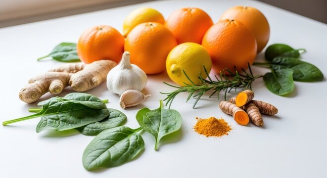 Fresh immune boosting ingredients with citrus, ginger and turmeric.