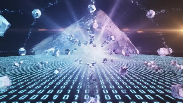 Digital network nodes with blue binary code data background