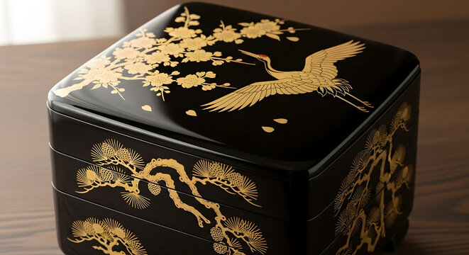 Black lacquer box with gold design.