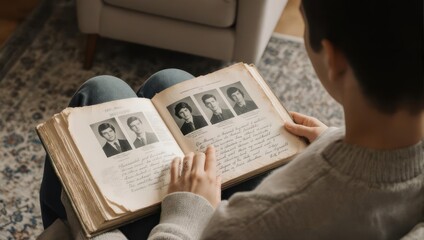 Fototapeta premium Person looking at old family photo album reminiscing about the past.