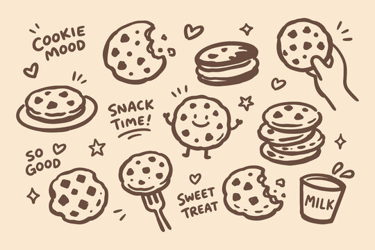Chocolate Chip Cookies Snack Set Brown Doodle Sketch Vector