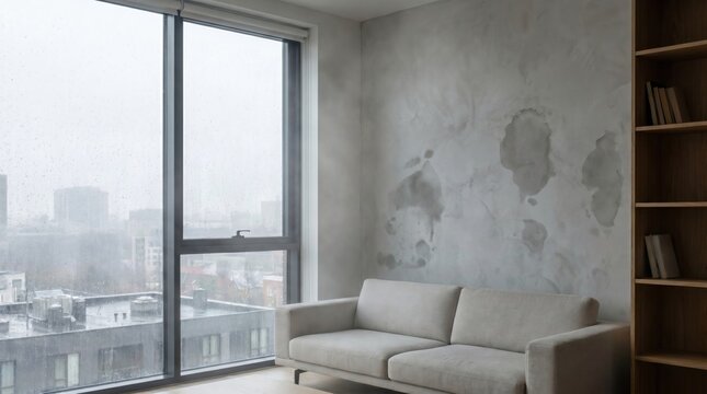 A modern living room interior with a large damp moisture patch on the grey wall next to a rainy window.