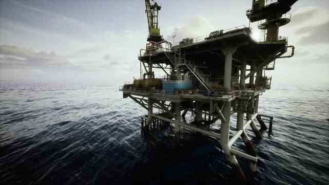 Oil rig platform with towering derrick and dramatic sky, sea expanse and structural legs visible, highcontrast silhouette emphasizes scale and industrial