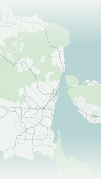 Modern minimalist vector map of Banyuwangi and Ijen Crater, East Java, Indonesia. High-quality scalable illustration of Ijen volcano topography, Bali Strait coastline, and regional roads for posters.