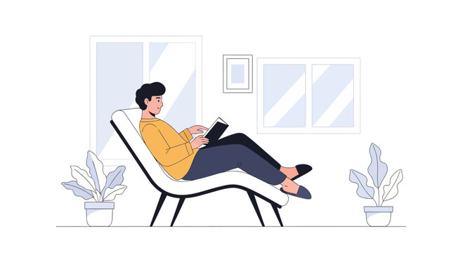Man Relaxing on Chaise Lounge Reading Book Indoors