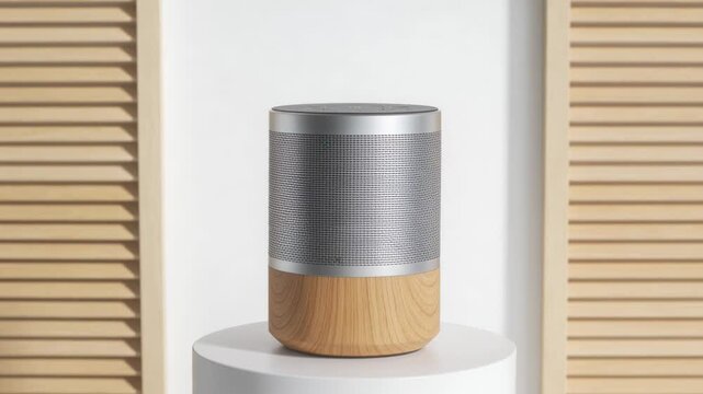 Modern wireless smart speaker with voice assistant technology on a white display pedestal