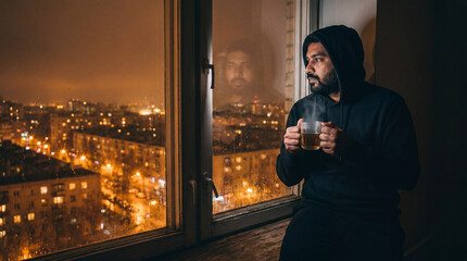Fototapeta premium Thoughtful Man Looking Through Window at Night Urban Lifestyle Portrait 