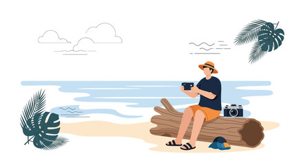 Fototapeta premium Man with camera on beach, taking photo, enjoying solo travel vacation