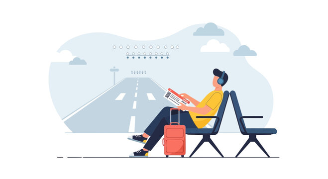 Man with headphones and suitcase waiting at airport gate with runway view