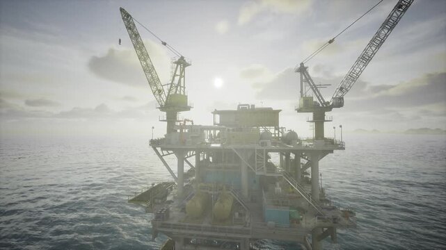 Offshore oil rig platform at sunrise, calm sea and golden light highlighting steel framework, twin cranes raised, helipad visible, early morning atmosphere