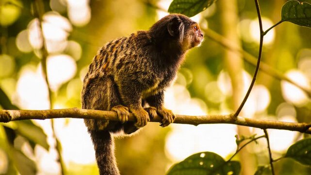 Smallest pygmy marmoset monkey sitting on a tree branch and looking around in a green jungle