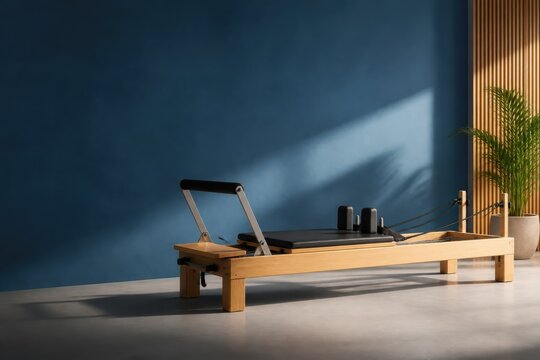 Minimalist home workout space with wooden Pilates reformer in modern sunlit interior