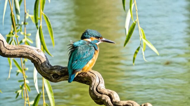 Common kingfisher resting on a twisted branch of a willow tree while watching the water below