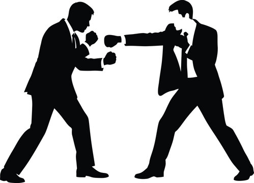 Business conflict illustration silhouette of two men in suits fighting
