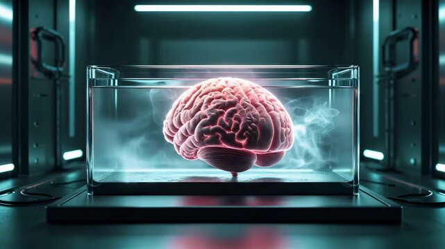 Exploring a glowing brain in a display case with digital effects and smoke in a laboratory environment