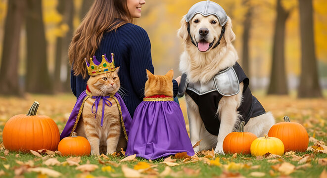 Majestic ginger cat wearing royal crown and purple velvet cape beside a golden retriever dog in knightly steel armor sitting together within a seasonal autumn pumpkin patch garden.