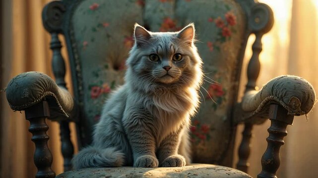 Looking at a cat sitting on an old chair in soft light during the afternoon