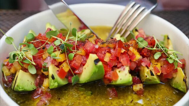 Close up of delicious avocado salad with fresh pico de gallo being cut with fork and knife.