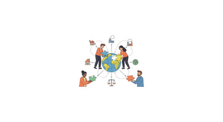 Fototapeta premium Illustration of diverse people collaborating around a large globe with various objects, on a white background with a vibrant and playful mood.