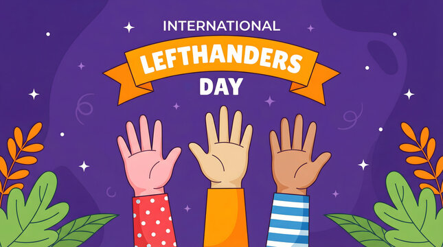 International Lefthanders Day, three hands up, purple background