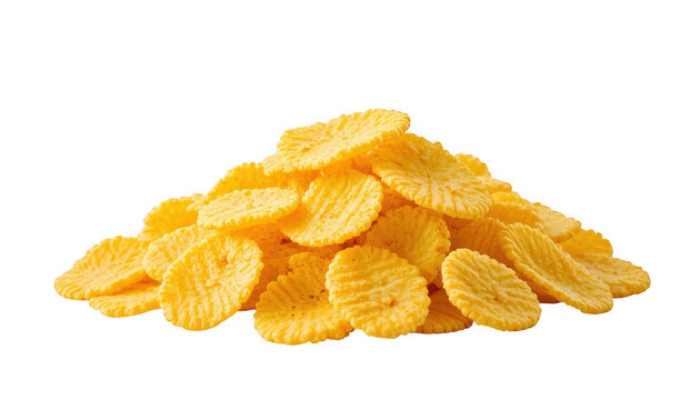 Close-up of crispy potato chips on white background, snack food, high detail, natural lighting, minimalistic style
