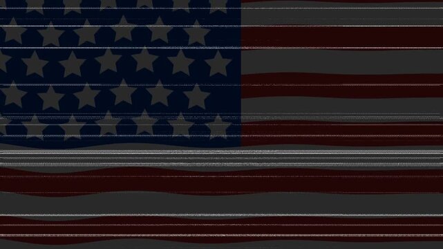Abstract American Flag Waving in Dark Glitchy Digital Style with Horizontal Lines and Static Effect.