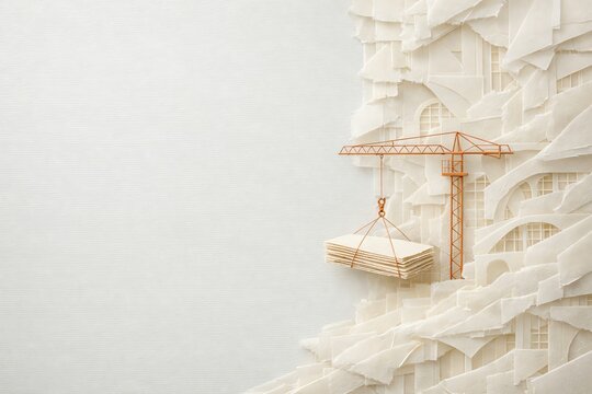 Ultra-detailed macro architectural parchment relief with embossed vellum textures and a miniature copper-wire construction crane fading into clean textured negative space.

