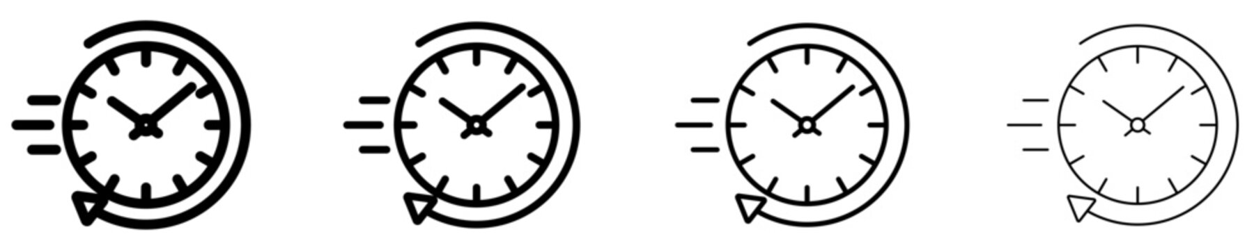 A set of clock line icons with a circular motion arrow and speed lines. Vector illustration for indicating fast time, urgency, or countdown.