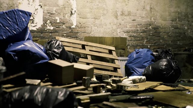 An abandoned area showcases a pile of blue trash bags, wooden pallets, and scattered debris. Shadows play against the rough, peeling walls, highlighting neglect and forgotten moments.