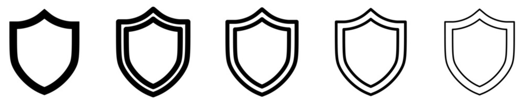 A set of protective shield line icons featured in five different stroke weights. Vector illustration for security, reliability, and data protection themes.