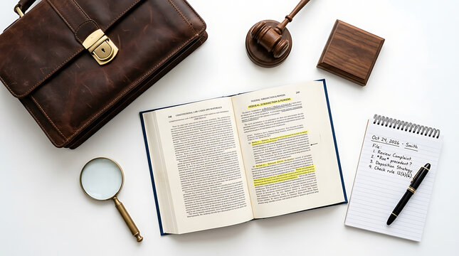 Professional legal workspace flatlay featuring a leather briefcase wooden gavel annotated law book and notepad on white surface