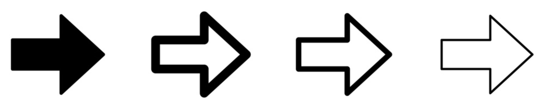 Set of arrow icons pointing right, symbolizing direction, forward movement, or the next step. Vector illustration.