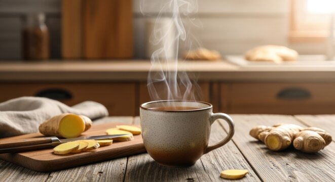 Steaming ginger tea mug with fresh sliced ginger root.