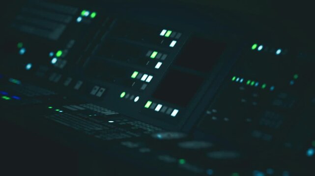 Spacecraft instrument panel emitting soft green status lights, rows of displays and tactile switches suggest preflight check, sleek technical interior