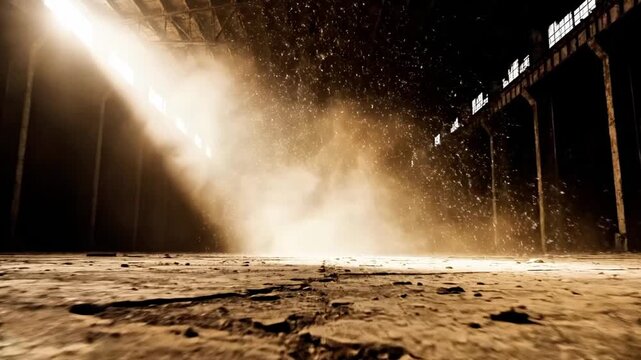A dimly lit industrial space with a beam of light illuminating falling particles