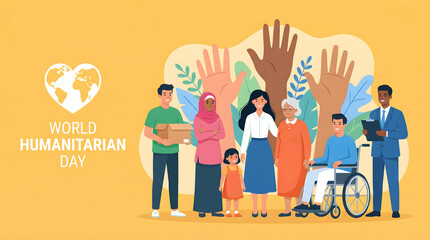 Naklejka premium World Humanitarian Day, diverse people helping each other