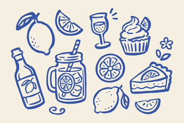 Plakat Lemonade and Lemon Dessert Set Doodle Sketch Vector